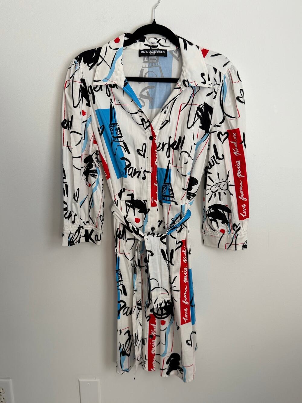 Karl Lagerfeld Paris white multicolor graphic print shirt dress size 12